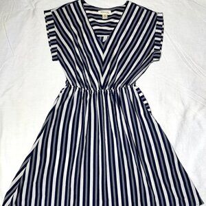 Monteau Los Angeles Blue White Striped V-Neck Nautical Stretch Pockets Dress M